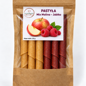 Opakowanie: rollsy mix malina jabłko FlavorDay 50 g – owocowa przekąska bez dodatku cukru