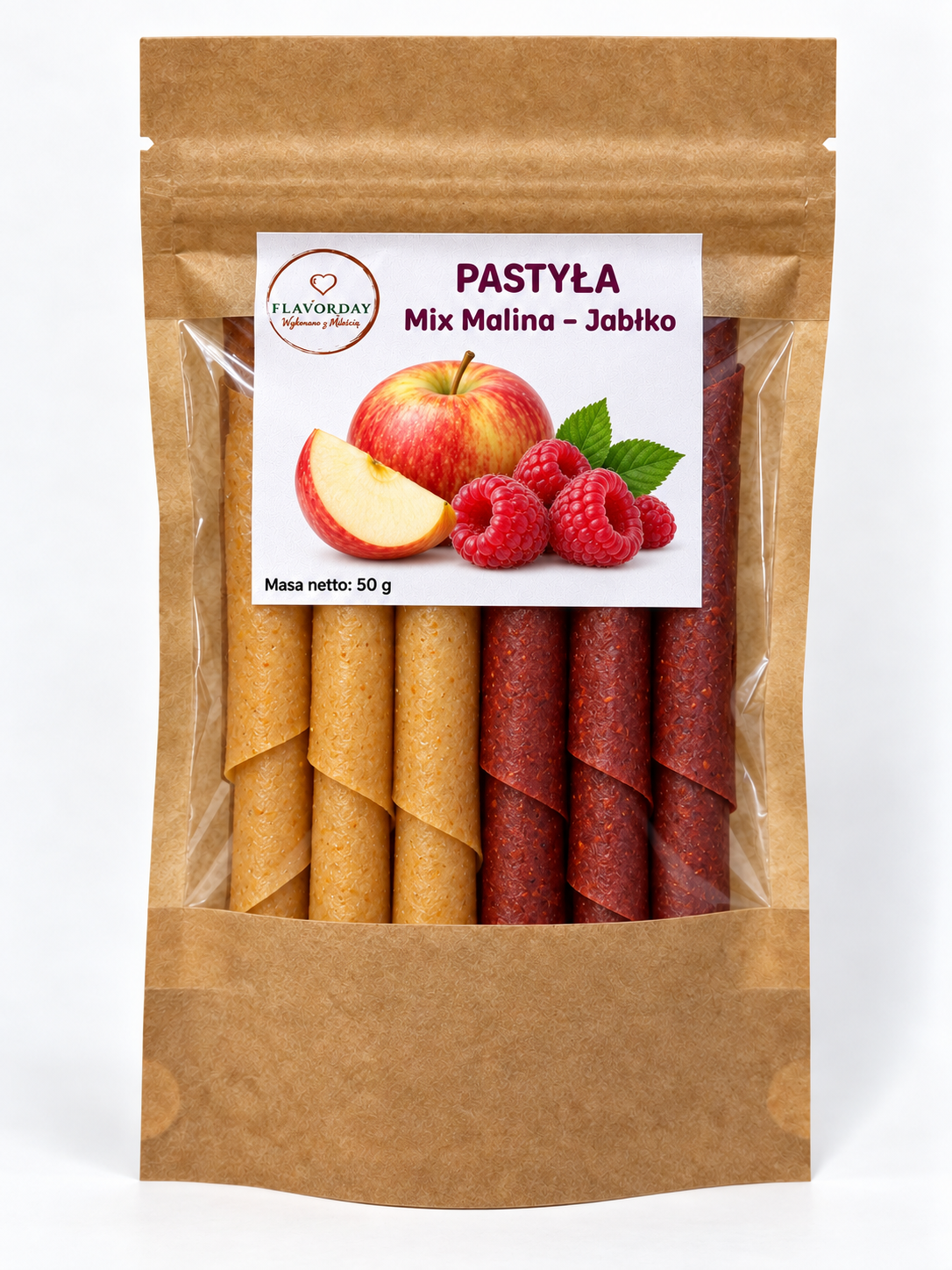 Opakowanie: rollsy mix malina jabłko FlavorDay 50 g – owocowa przekąska bez dodatku cukru