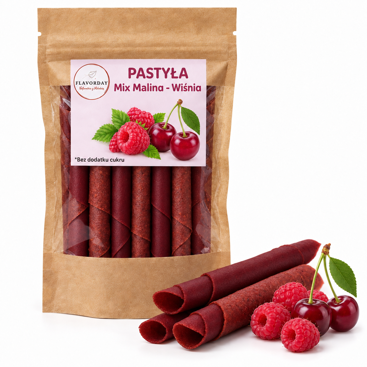 Rollsy owocowe malina wiśnia FlavorDay 50 g na białym tle