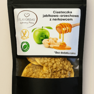 Naturalne Ciasteczka Jabłkowo-Orzechowe z Nerkowcem FlavorDay 80g w czarnym krafowym opakowaniu – zdrowa przekąska bez cukru i glutenu, z jabłkiem, nerkowcem i miodem”